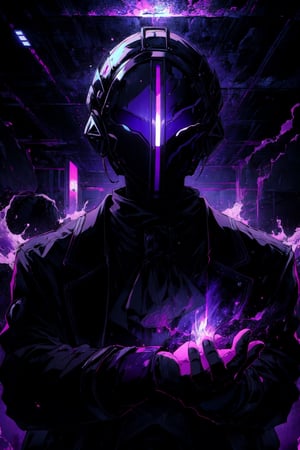 masterpiece, best quality, ultra-detail, perfect hands, , bdsks, 1boy, full-face mask, night, spread both hands, spread both arms, black coat, black theme, very detailed background, purple light pillar, purple neon lights, mystical effect