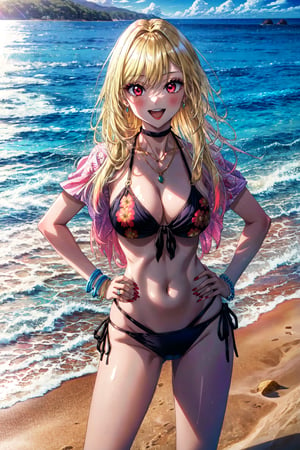 masterpiece, best quality, highres, kitagawa marin, 1girl, blonde hair, long hair, multicolored hair, red eyes, jewelry, necklace, choker, black bikini, floral print, bracelet, side-tie bikini bottom, , cowboy shot, beach, hand on hip, smile, open mouth,