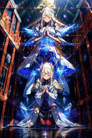 masterpiece,best quality,highres,1girl,,crystalized aura,beacon of light,kneeling,closed eyes,praying,own hands together,church,white nun clothes,portrait,cowboy shot,holy light,hair ornaments,alternative2,evolved