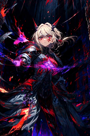 masterpiece,best quality,highres,1girl,,alternative4,hair ornaments,holding,red sword,expressionless,red eyes,black armor,middle red dress,purple theme,glowing particles,asymmetrical eyes,from side,fighting stance,dynatic angle,serious,fire,flames,cursed aura,ruins,ashes,blood,facial mark,flames,,portrait,looking at viewer,from below,cool face