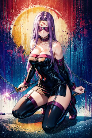 MedFSN, 1girl, solo, long hair, large breasts, thighhighs,cleavage, bare shoulders, very long hair, purple eyes, weapon, purple hair, boots, detached sleeves, black footwear, collar, kneeling, strapless, chain, thigh boots, facial mark, short dress, knife, strapless dress, forehead mark, blindfold,CLOUD,Circle