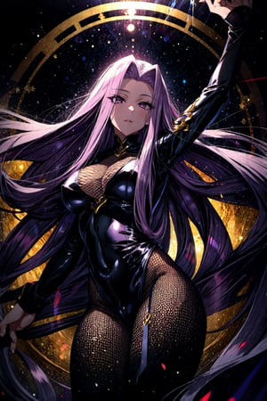 masterpiece, best quality,1girl, medusa (rider) (fate),long hair, medusa (fate), black purple hair, solo, black ping eyes, large breasts, very long hair, looking at viewer, wild eyes, (full body:0.5), starry sky, dark background, happy, , ((bunnysuit)), fishnet tights,fantasy,Circle