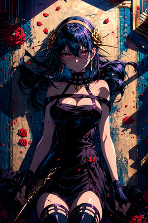 XUER Yor Forger,1girl,yor briar,solo,red eyes,flower,dress,breasts,black hair,rose,thighhighs,black dress,hairband,black thighhighs,on back,lying,holding,jewelry,looking at viewer,hair ornament,earrings,hair flower,gloves,gold hairband,blood,fingerless gloves,holding weapon,black gloves,bare shoulders,long hair,sidelocks,zettai ryouiki,large breasts,red flower,two-sided fabric,bangs,closed mouth,petals,cleavage,spikes,two-sided dress,gold earrings,rose petals,red rose,hair between eyes,A shot with tension,(Visual impact,giving the poster a dynamic and visually striking appearance:1.2),impactful picture,(masterpiece, best quality:1.2),offcial art,movie perspective,advertising style,magazine cover,very aesthetic,disheveled hair,very aesthetic,illustration,disheveled hair,perfect composition,moist skin,intricate details