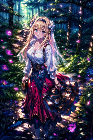 masterpiece,best quality,highres,cinematic lighting,dramatic angle,1girl,, blue eyes,blonde hair,hairband,portrait,taking a walk,forest,woods,butterflies,petals,leaves,branches,looking at viewer,smile,bent over,long skirt,handbag,veil,arms behind back