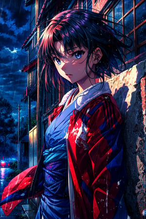 ((masterpiece,best quality, detailed)), 1girl, solo, outdoors, night, night sky, ryougi shiki, red jacket, obi, blue kimono, rain