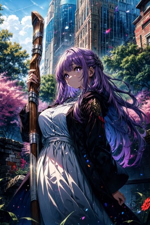 masterpiece, best quality, absurdres, perfect anatomy, 1girl, solo, FernFrieren, very long hair, purple eyes, (purple pupils), white dress, black robe, large breasts, outdoors, staff, holding staff, magic,