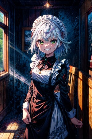 (by kame 3:0.7), (by hideki kaneda, by dimwitdog:0.4), indoors, cabin, standing prushka \(made in abyss\), human female, white hair, green eyes, small breasts, black dress, apron, maid outfit, maid headdress, looking at viewer, grin