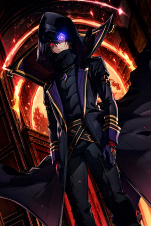 (masterpiece), high quality, highly detailed background, 1boy, solo, , ChopioKagenou, short hair, black hair, hair between eyes, hooded cloak, black coat, trench coat, black gloves, black pants, red eyes, glowing eyes, looking to the side, from side, dutch angle, from below,Circle