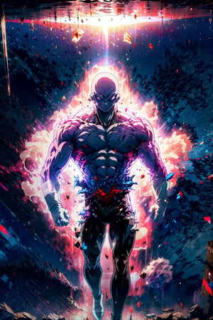 ((masterpiece, best quality)),(complex lighting),solo,1boy, full body, jiren,white gloves,muscular,bald , light particles, dust particles, red aura, torn clothes, topless,