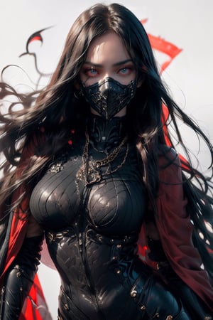 (masterpiece,(detailed face and eyes:1.3),,oda_biig,large breasts,red eyes,black bodysuit,red hair,chain,collared cape,,white background,inkUltra-detail,(highres:1.1),best quality,(masterpiece:1.3),cinematic lighting, best quality, photorealistic,  beautiful and aesthetic:1.3), (1girl:1.2) , [skeleton], [mechanical], (dynamic pose:1.2), bangs, black roses, thorns, wires, Caples, mask, ( zentangle:1.2), dangerous, serious, awe inspiring,  (abstract background:1.1), kinetic art, elegance, delicacy, long black hair, neon eyes, ethereal background,full body, ,oda_smoll