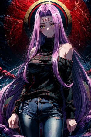  masterpiece, best quality,1girl, medusa (rider) (fate),(black woollen sweater:1.2),jeans,long hair, medusa (fate),off bare shoulders, purple hair, solo, yellow eyes, large breasts, very long hair, looking at viewer
