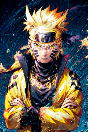 , Naruto, 1boy, black bodysuit, tomoe \(symbol\), yellow eyes, symbol-shape pupils, gold hair, headband, golden jacket, facial mark, high collar, upper body, simple background, angry, looking at viewer fingerless gloves, crossed arms