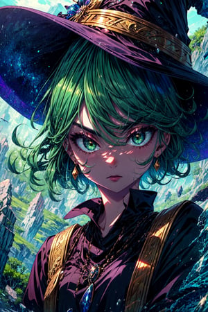 beautiful, (masterpiece), best quality, (extremely detailed face), extremely detailed eyes, perfect lighting, OverallDetail, detailed, deep skin,textured skin, , tatsumaki,green hair,green eyes,curly hair, short hair, black dress,outdoors, fantasy, fantasy background,witch hat, standing 