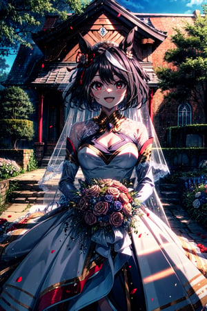 masterpiece, best quality, highres, aakitasan, animal ears, short hair, streaked hair, hair ornament, medium breasts, horse tail, , wedding dress, bridal veil, church, garden, holding bouquet, smile, open mouth,