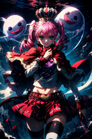 cheems_perona_v3, black eyes, disc-shaped eyes, cowboy shot, red capelet, smile,, volumetric lighting, light particles, striped thighhighs, ghost