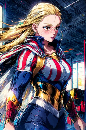 score_9, score_8_up, score_7_up, source_anime, rating_safe, intricate details, anime screencap, , , , depth of field, 1girl, solo, , cathleen_bate, blonde hair, brown eyes, long hair, superhero, cape, , bodysuit, american flag, symmetry, death valley, indoors, (dynamic pose), shy, blush, , 