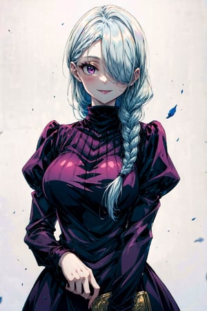 masterpiece, best quality, simple background, meidef, 1girl, solo, looking at viewer, wariza, purple eyes, long hair, braid, single braid, braided bangs, white hair, grey hair, hair over one eye, braided ponytail, long sleeves, breasts, dress, puffy sleeves, black dress, turtleneck dress, juliet sleeves, evil smile, large breasts