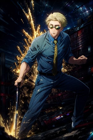 masterpiece, hyper detailed, highres, good anatomy, solo, nanami, blue shirt, suit, yellow tie, action pose, night sky, pants, goggles