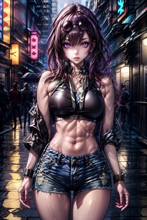 masterpiece, best quality, absurdres, perfect anatomy, 1girl, solo, KafkaHSR, purple eyes, bangs, long hair, eyewear on head, sunglasses, stylish outfit, hip hop, midriff, denim shorts, cropped hoodie, night, alley, neon lights, confident stance