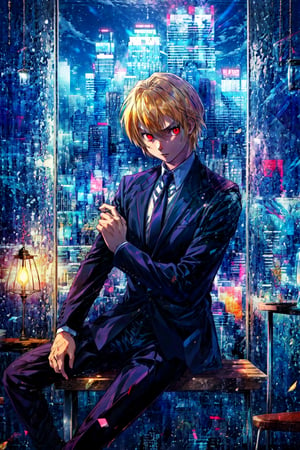 (cowboy shot), sfw, (masterpiece), (best quality:1.0), (ultra highres:1.0), detailed eyes
BREAK
   Kurapika, 1boy, male focus, red eyes, sitting, hands clasped, serious
black suit, necktie, formal, collared shirt
BREAK
(dark room, lamp, indoors, gorgeous view)