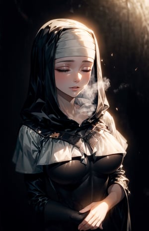 ((masterpiece:1.4, best qualit:1.4, high resolution:1.4)), , , Kiara, habit, nun, black dress, jewlery, closed eyes, detailed lips, waiting for kiss, (hands clasped, hands together), blush, upper body, covered nipples, heavy breath, steaming background, steam, breathing, mature woman, from above:1.2, covered breasts, covered chest, pov, kiss