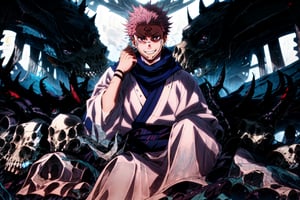 masterpiece,high quality,solo, , RyomenSukuna,1man, blue scarf,japanese clothes,white kimono,wide sleeves,long sleeves, obi, tabi,zouri, shaded face,evil grin, animal skull, skull,sitting,