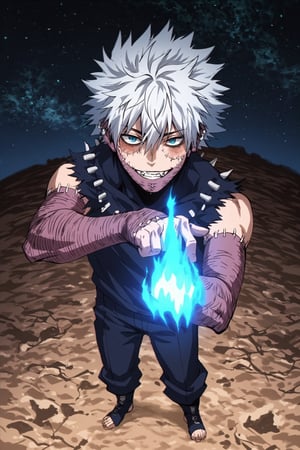 score_9, score_8_up, score_7_up, source_anime, rating_safe, , (photorealistic:0.6), looking at viewer, , 1boy, solo, male focus, , dabi_bnha, white hair, blue eyes, short hair, spiked hair, hair between eyes, bangs, scar, burn scar, scar on face, piercing, stitches, messy hair, teeth, smile, blue fire, from above, full body, space, stars, day, victory pose, skin fang, , flat cap