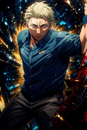 masterpiece, hyper detailed, highres, good anatomy, solo, nanami, blue shirt, suit, action pose, pants, square jaw, muscular male, (middle-aged man:1.3), looking at viewer, 1boy,