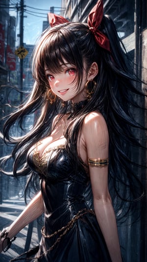 best quality, masterpiece, highres, solo, 
, long_hair, black_hair, two_side_up, red_eyes, jewelry, earrings, hoop_earrings, bangs, breasts, smile, ribbon, medium_breasts, parted_bangs, hair_ribbon, blush, hair_bow