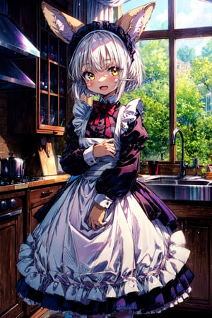 1girl, solo, furry, fluffy, brown fur, short hair, nanachi \(made in abyss\), animal ears, tail, yellow eyes, maid, apron, puffy sleeves, long sleeves, maid headband, :3, open mouth, standing, looking at viewer, kitchen 