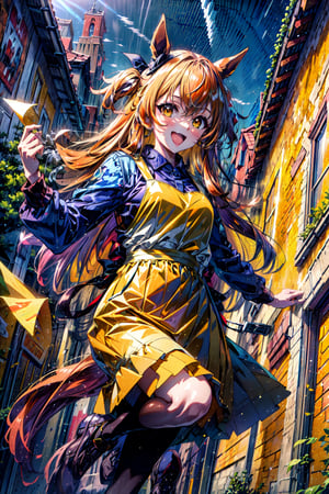 ultra-detailed, high resolution, extremely detailed cg, anime picture,(masterpiece, best quality:1.4), illustration ,1girl, mayacas, (laughing), orange hair, horse ears, yellow vest, long sleeves, yellow skirt, socks, blue sky,