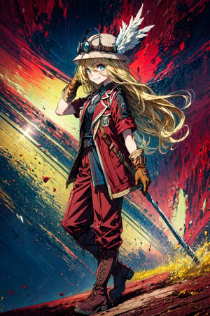 masterpiece, best quality, highres, 1girl very long hair blonde hair curly hair, red jacket helmet whistle short sleeves brown gloves red pants hat feather boots  from side, looking at viewer, smile