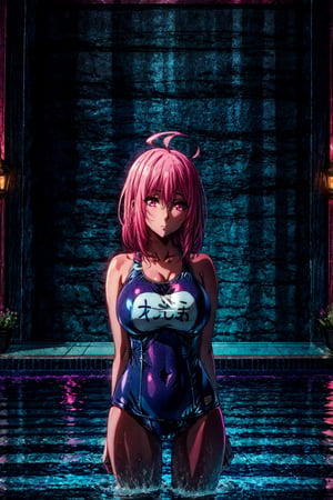 Sherry Barnett, 1lady,(mature female),(milf), 1lady,long hair,ahoge,pink hair, pink eyes, (school swimsuit:1.3),poolside, pool, (night:1.58), highres,official art,original,masterpiece,best quality, (large breasts), face lighting,cinematic lighting,caustics,