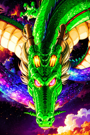 wyrm,shenlong, oriental dragon, glowing eyes, shiny, galaxy, sharps theet, long whiskers, purple hair, floating debris, looking_at_viewer, asymetric, intrincate details, realistic, ,r1ge, close up, yellow sky, yellow clouds, flying, raining,fantasy00d,CLOUD