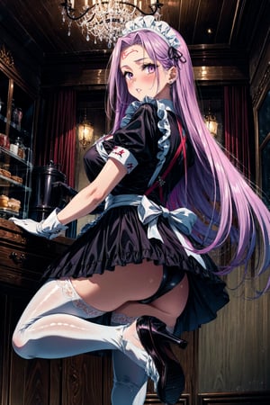 MedCas, 1girl, solo, long hair, looking at viewer, blush, large breasts, gloves,dress, very long hair, purple eyes, purple hair, ass, short sleeves, thighs, frills, parted lips, puffy sleeves, looking back, white gloves, clothes lift, black footwear, apron, black dress, high heels, white thighhighs, puffy short sleeves, parted bangs, maid, maid headdress, forehead, maid apron, enmaided, cafe