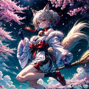 1girl, smile, apron, braid, broom, broom riding, cloud, painting \(medium\), shoes, single braid, sky, solo, sun, sunset, ,1girl, album cover, ((cherry blossoms)), detached sleeves, flower, frills,bow, hair bow, midriff, navel, pink petals, smile,,1girl, from side, (highres, realistic, best quality, masterpiece, ultra-detailed, textured, ambient lighting, cinematic lighting), animal ears, stand, fox ears, animal ear fluff ,bangs , red eyes , multicolored hair , twintails , animal ear fluff ,brown hair , hair ornament ,bell , solo ,braid ,neck bell , fox girl , jingle bell ,gloves , fur trim , ribbon ,two-tone hair ,japanese clothes ,off shoulder ,bare shoulders ,collar ,bow ,long sleeves , streaked hair ,blush , black gloves , tail ,((white hair)), fox tail , kimono ,wide sleeves , red bow , red ribbon ,multiple tails , red hair , collarbone , hair ribbon , short hair , choker , socks , shorts , ribbon trim , sash , black shorts , rope , small breasts , white kimono , fur-trimmed sleeves , tabi , black footwear , black socks , gradient hair , v-shaped eyebrows , dress ,sandals , hair between eyes , obi , medium hair , grey hair , thick eyebrows , short twintails , strapless , sweat , outdoors , fur-trimmed kimono kitsune, earrings, japanese flag, ,long skirts,socks