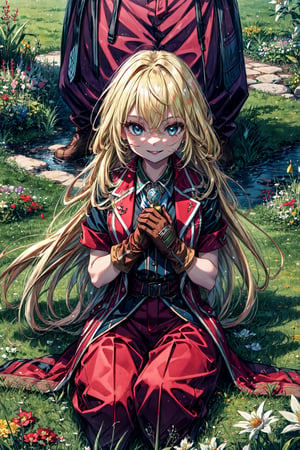 masterpiece, best quality, highres, 1girl very long hair blonde hair curly hair, red jacket whistle short sleeves brown gloves red pants  sitting, on grass, white flowers, smile, hands on own chest