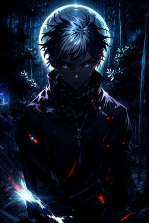 1boy, Megumi a man in a black coat and black pants, (masterpiece), best quality, highres, (realistic face:1.1), (hyperrealistic:1.3), 4k, 8k, Detailed Illustration, intricate detail, glowing particles, floating, cinematic lighting, sharp shadows, amazing quality, amazing shading, (symetrical:0.5), facing camera, ultra-detailed, black default_outfit , ((upperbody)), night, moon, full moon, detailed forest, detailed background, (outdoors:1.3), (dark_forest background:1.3), sitting,relaxed, blue eyes, looking at viewer, detailed eyes, detailed face, realistic,aura_power,Circle