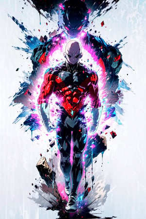 ((masterpiece, best quality)),(complex lighting),solo,1boy, full body, jiren,white gloves,bodysuit,muscular,bald , light particles, dust particles, red aura, topless,