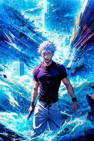 1 boy, edge light, Gojo Satoru, powerful sorcerer, tight black t-shirt, loose white pants, bright blue eyes, white hair, happy, city background, Jujutsu Kaisen, mix of fantasy and realism, special effects, fantasy, ultra HD, HDR, 4K,