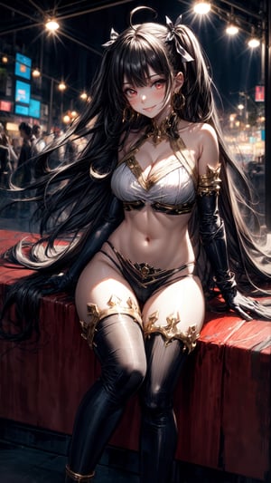 (masterpiece), high quality, detailed background, 1girl, solo,, ChopioIshtar, black hair, hair ribbon, very long hair, two side up, parted bangs, ahoge, red eyes, looking at viewer, navel, midriff,outfit_1, jewelry, crown, hoop earrings, neck ring, bare shoulders, white top, cleavage, armlet, single elbow glove, midriff, navel, black panties, asymmetrical legwear, uneven legwear, single thighhigh,sitting, seductive smile,