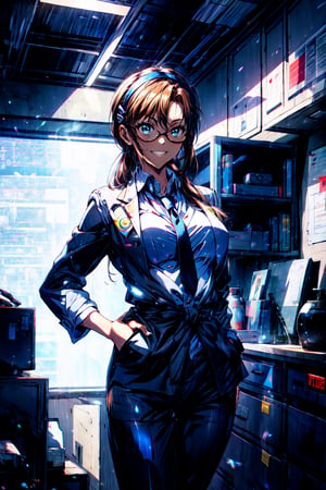 masterpiece,best quality,1girl,mature female,makinami mari illustrious,hairband,medium breasts,wide hips,narrow waist,(business suit),open jacket,necktie,grin,standing,hands in pockets,indoors,office,science fiction,cowboy shot,