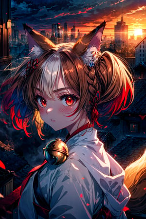 (Highest picture quality), (Master's work),(solo:1.2),backlighting,extremely delicate backgroud,white fog,animal ears ,1girl , fox ears ,bangs , red eyes , multicolored hair , twintails , animal ear fluff ,brown hair , hair ornament ,bell , dusk,sunset,building,cloudy sky,rim lighting, two tone lighting,acing viewer, 