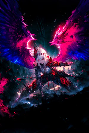 masterpiece,best quality,highres,cinematic lighting,dramatic angle,,costume9,white hair,red eyes,wings,tilting head,holding,sword,glowing,cruel smile,blood,flaming,burning city,fire,depth of field