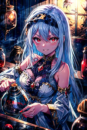 masterpiece,best quality,highres,cinematic lighting,dramatic angle,1girl,white hair,hairband,looking at viewer,glowing eyes,red eyes,white dress,bare shoulders,tassel,layered dress,detached sleeves,,upraised eyebrows,parted lips,evil smile,black ribbons,portrait,holding potion,pouring liquid to a boiling pot,atelier,at laboratory,Biological samples soaked in glass jars,,shaded face,a big pot of poison,feathers,steamy,screaming soul like smoke,illusion neckline,