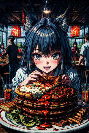 1girl, animal_ears, bangs, black_hair, blush, bowl, bread, burger, butter, cake, cheese, chicken_\(food\), chopsticks, eating, eyebrows_visible_through_hair, food, fork, french_fries, heart, holding_chopsticks, hot_dog, ketchup, letterboxed, lettuce, long_hair, meat, omurice, open_mouth, pancake, pasta, pie, pizza, plate, rice, salad, sandwich, smile, solo, spaghetti, steak, table, tomato, tray