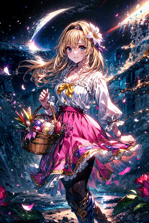 masterpiece,best quality,highres,cinematic lighting,dramatic angle,1girl,,hair ornament,hair ornaments,hairband,hair flower,costume2,blonde hair,blue eyes,portrait,village girl,holding basket of flowers,long pink skirt,frills,white topwear,boots,black pantyhose,yellow bowtie,hairband, ,smile looking at viewer