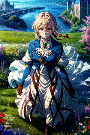 masterpiece, best quality, highres, violet evergarden, braid, hair ribbon, red ribbon, jewelry, white ascot, brooch, blue jacket, long sleeves, brown gloves, white dress, long dress, , field, from above, full body, standing, wind