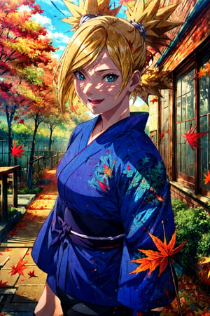 masterpiece, absurdres , (intricate details), (colorful),cinematic lighting,bust shot,extremely detailed CG unity 8k wallpaper,temari\(boruto\), 1girl, mature female,blue kimono,pantyhose, outdoors, hand to own mouth, laughing, (falling leaves:1.3), autumn leaves, (autumn), sunlight, maple tree,smile,wind, looking at viewer, cowboy shot,Naruto