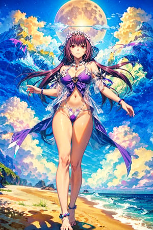 masterpiece,best quality,1girl,solo,mature female,scathach skadi \(fate\),R3,3rdSwimsuit,veil,looking at viewer,beach,ocean,night,moon,from below,CLOUD